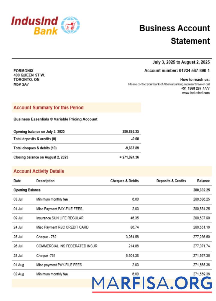 Printable Induslnd organization checking account statement Word and PDF format real example